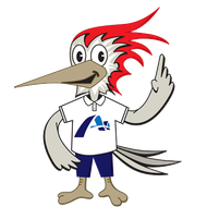 A cartoon woodpecker wearing a shirt and shorts, pointing up.