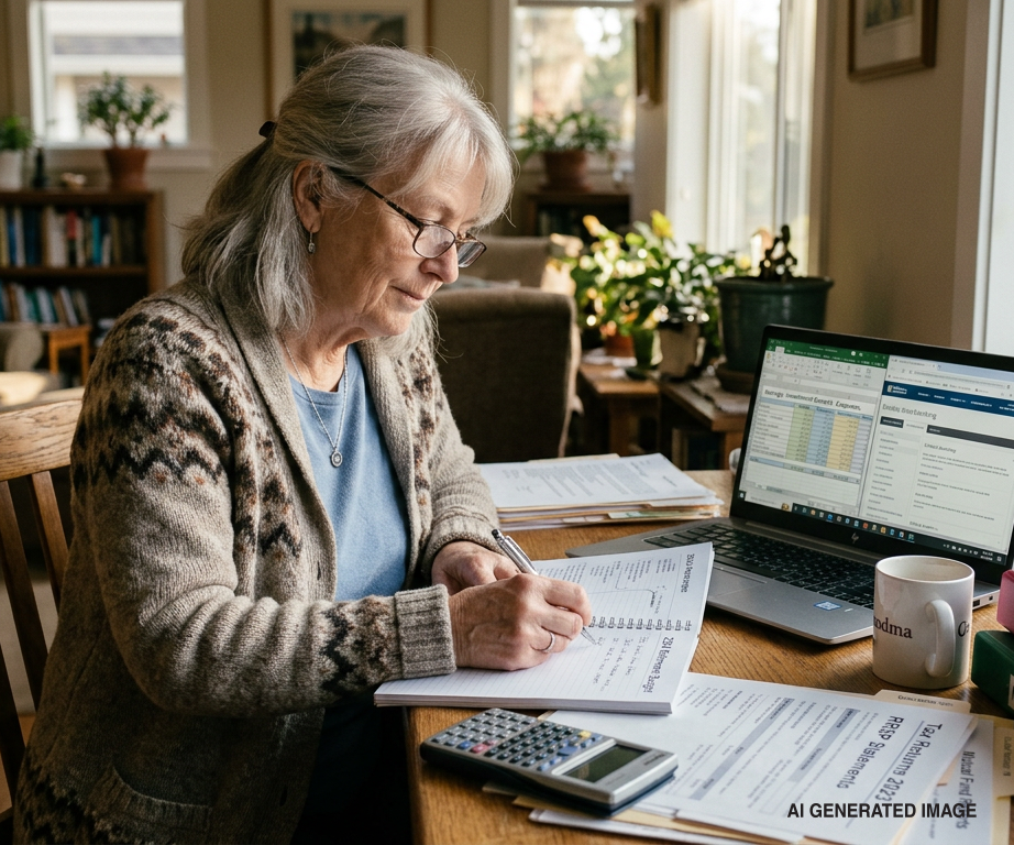 A person works at a wooden desk with a laptop, calculator, and papers, writing notes in a spiral notebook in a home office.