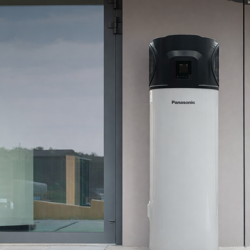 A White Panasonic Heat Pump Water Heater — Sunworks Eco Plumbing In Torquay, VIC