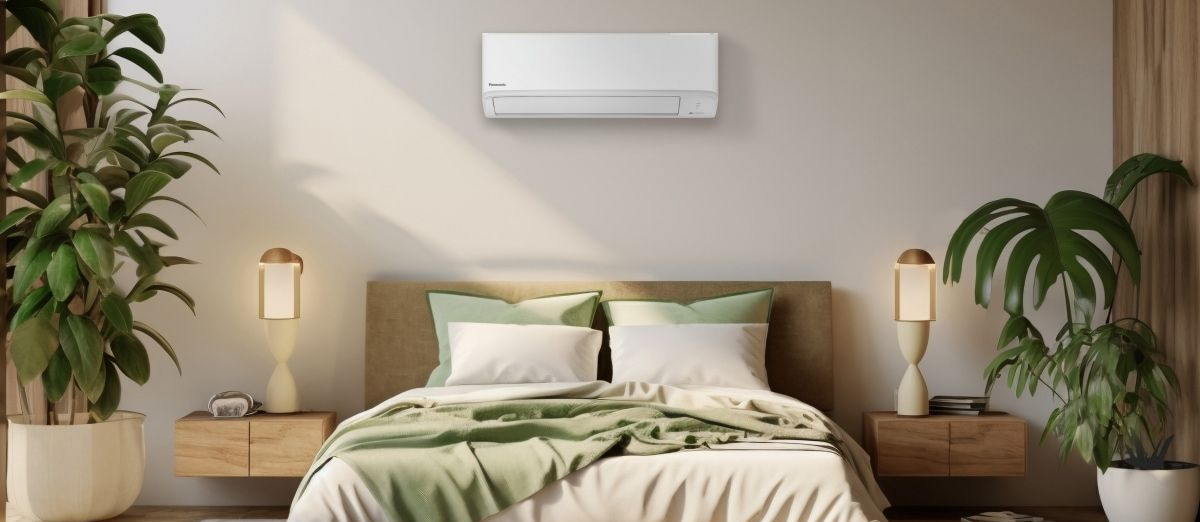 A White Wall-mounted Air Conditioner Centered Above a Cozy Bed — Sunworks Eco Plumbing In Torquay, VIC