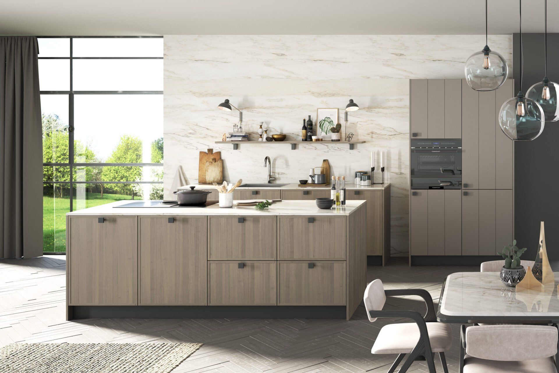 Een keuken met houten kasten en een groot kookeiland in het midden