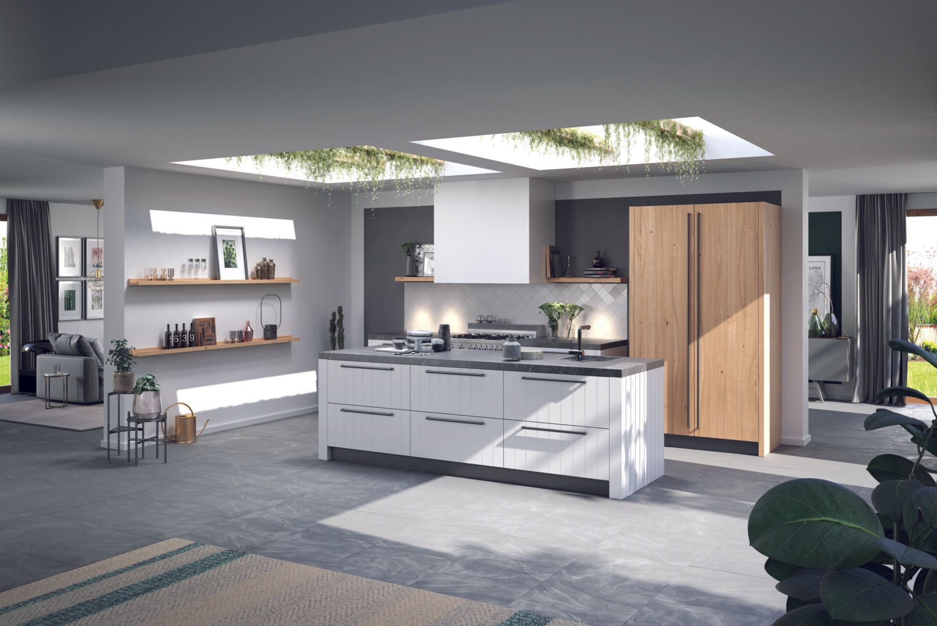 Een keuken met een groot kookeiland in het midden van de kamer.