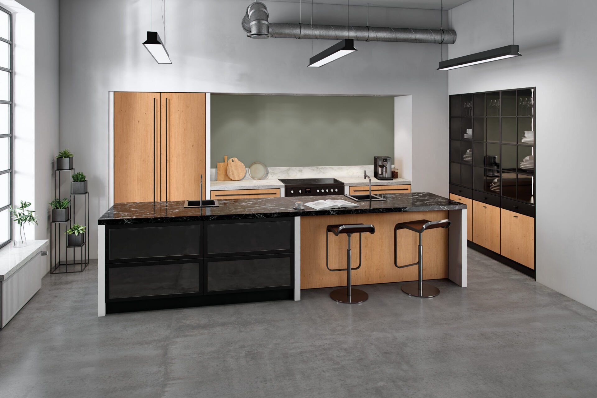 Een keuken met een groot kookeiland in het midden van de kamer.