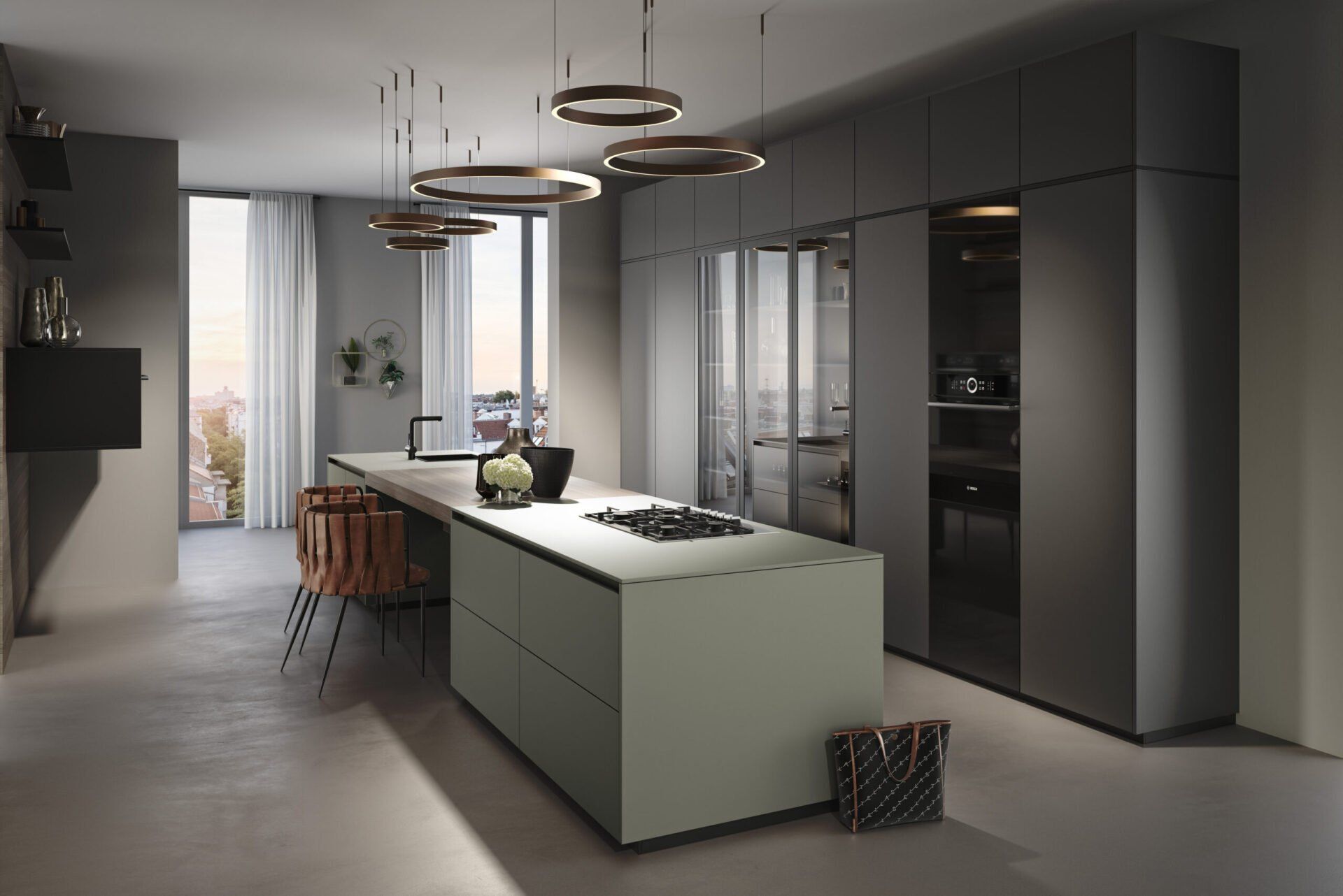 Een keuken met een groot kookeiland en een kookplaat oven