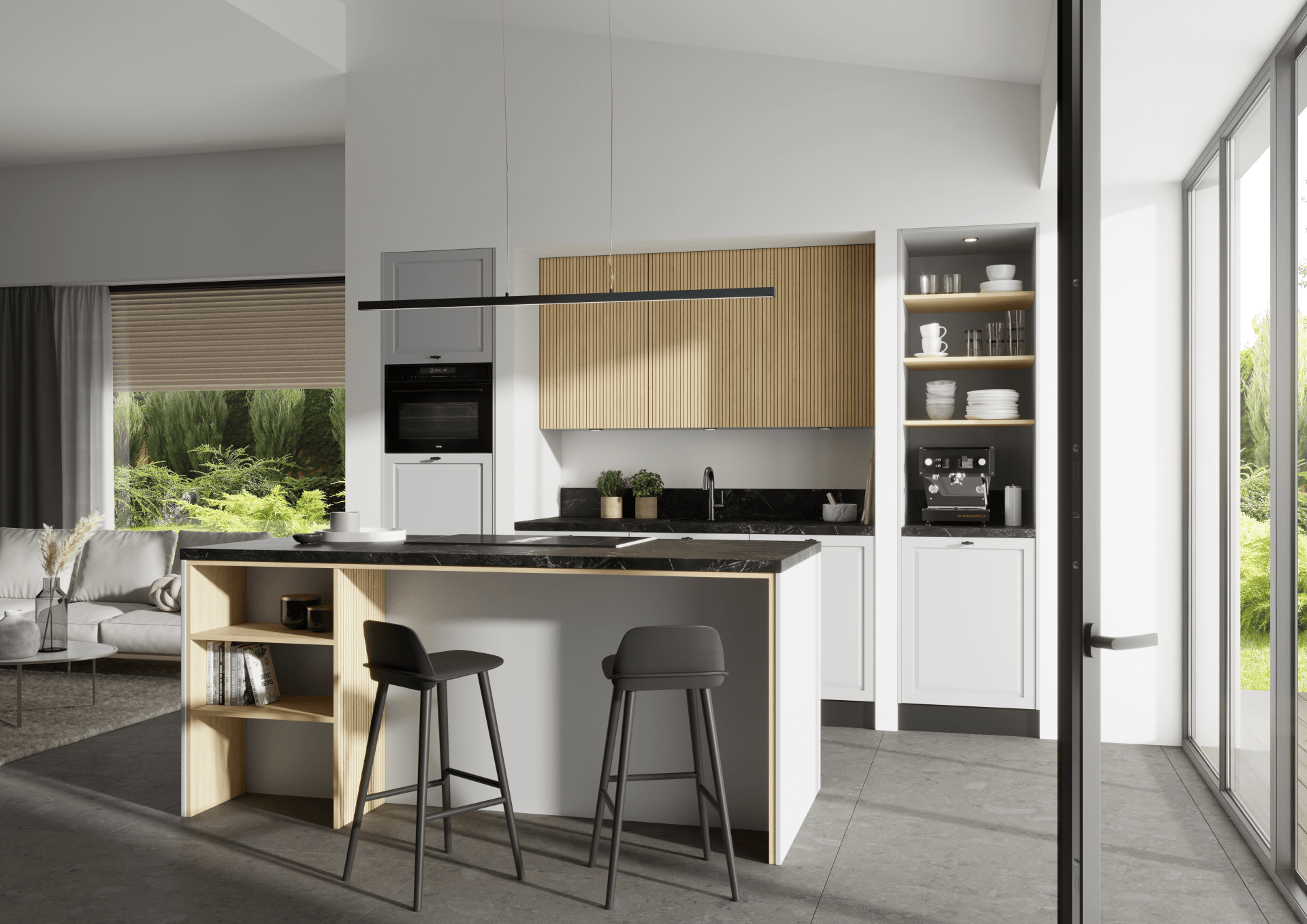 Een keuken met een groot kookeiland in het midden van de kamer.