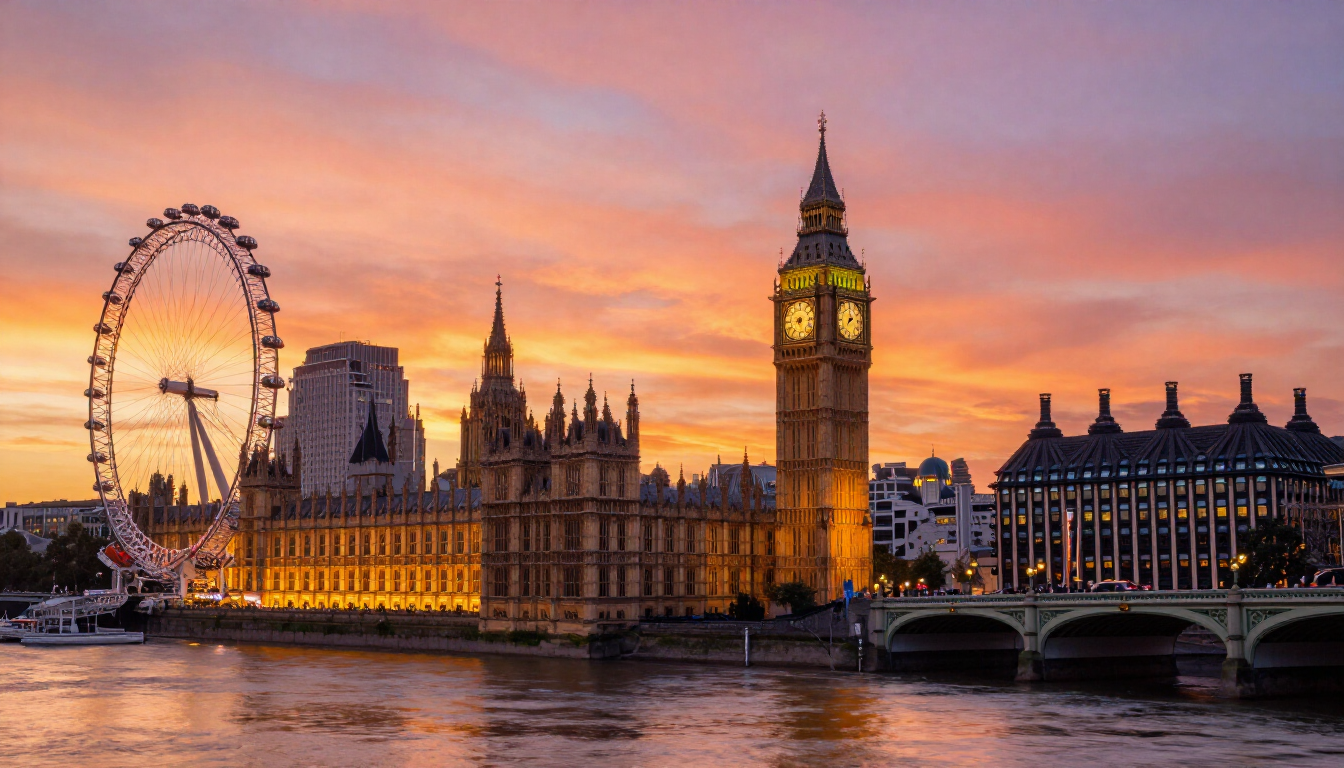 A beautiful view of the London skyline at sunset.