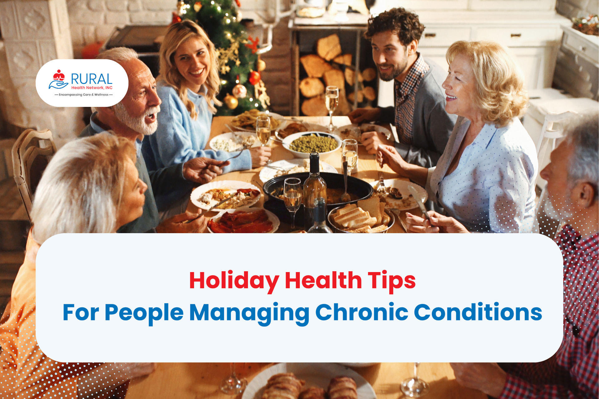 A family celebrating happy, healthy holidays together with good food, festive decorations, and cheer