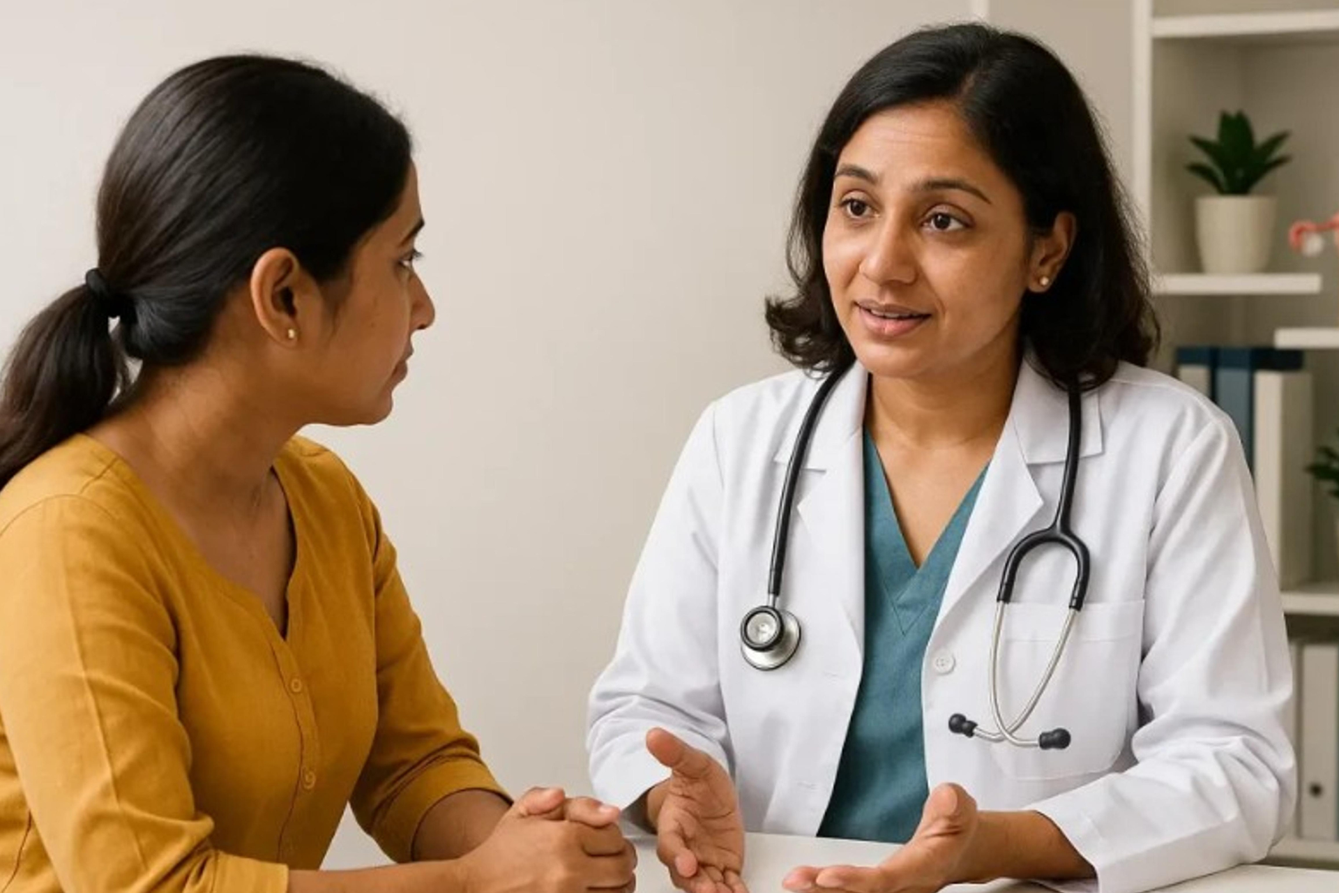 A doctor discussing diabetes signs with an older woman during a medical consultation at a clinic.