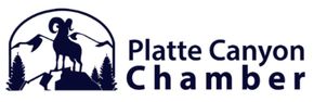 The logo for the platte canyon chamber shows a ram standing on top of a mountain.