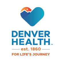 The logo for denver health is a blue heart with a mountain in the background.