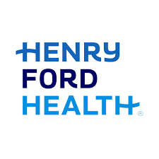 The henry ford health logo is blue and black on a white background.