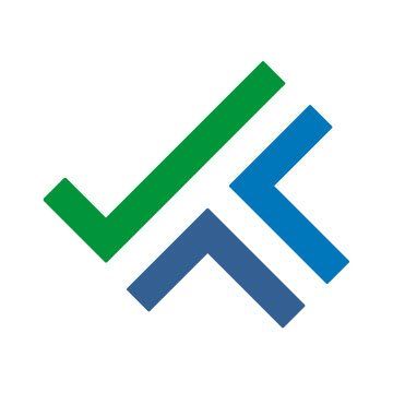 A green and blue check mark with two arrows pointing in opposite directions.