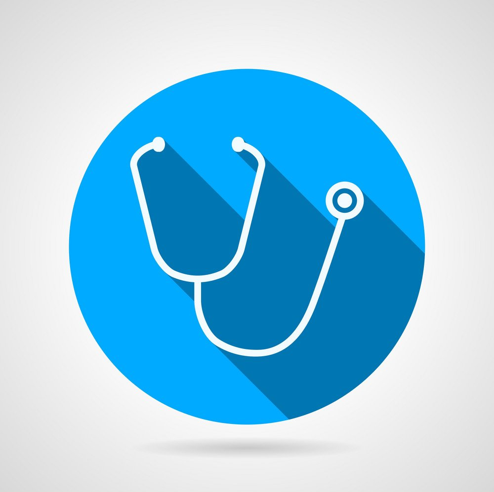 A stethoscope icon with a long shadow on a blue circle.