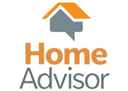 A logo for a home advisor with a house and a speech bubble.