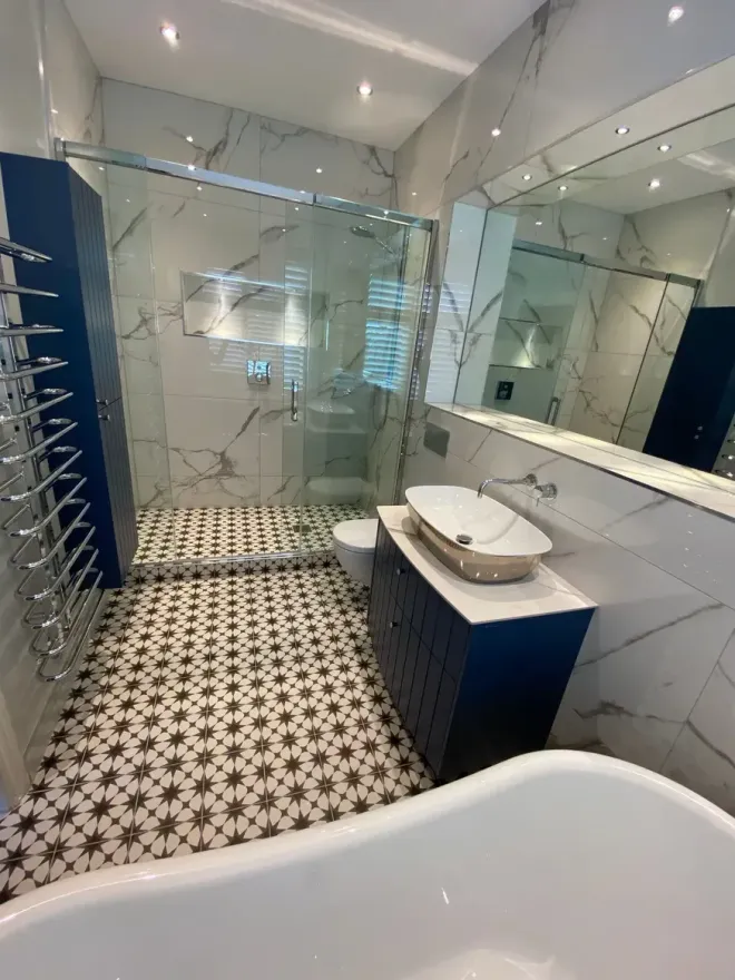Modern luxury bathroom designed by our talented bathroom design team in our Ascot bathroom showroom.
