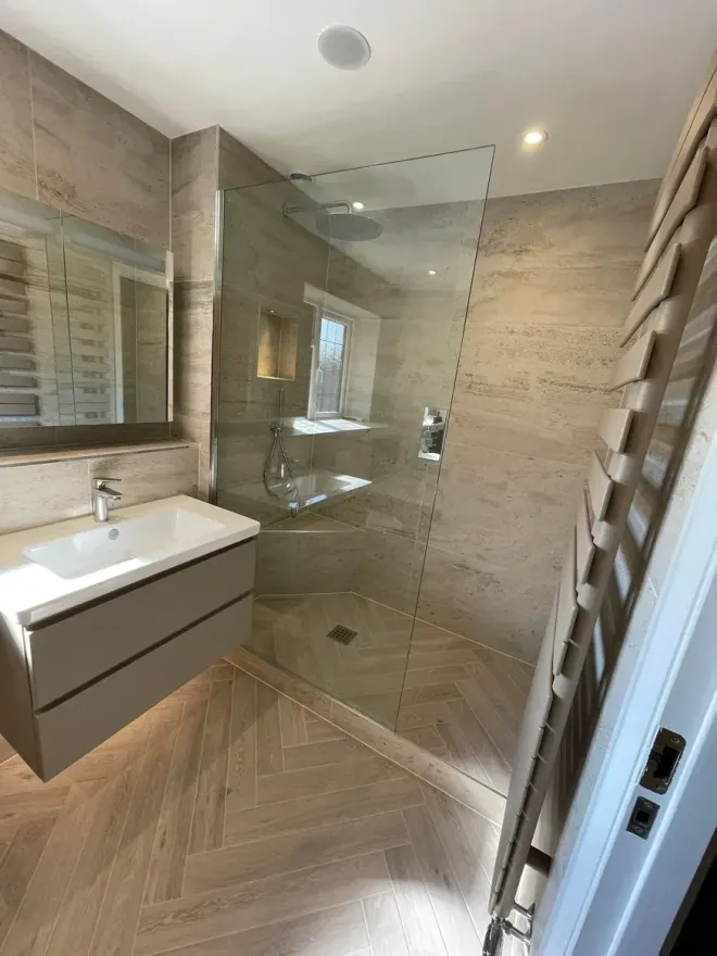 A tiled bathroom designed in 3D by our talented bathroom showroom designers at Options Bath and Tile Studio in Ascot, Berkshire.