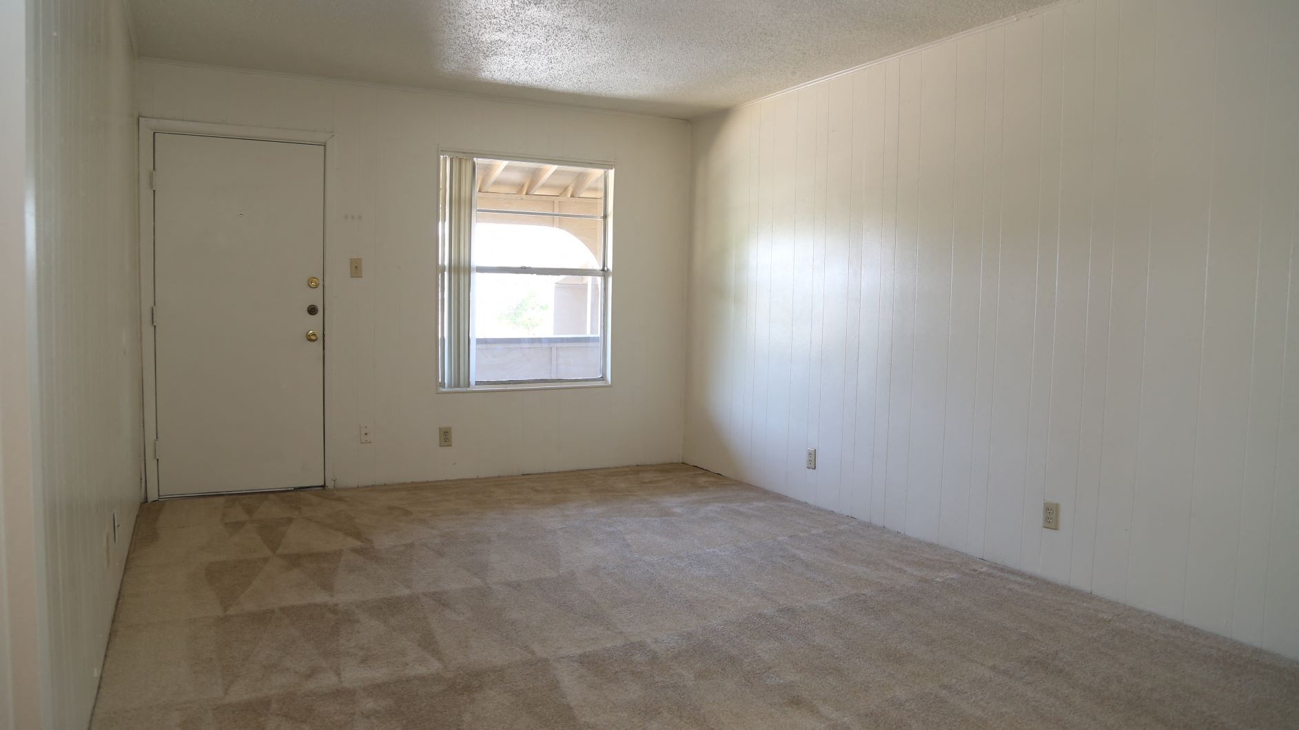 Empty room with beige carpet, white walls, a door, and a window.