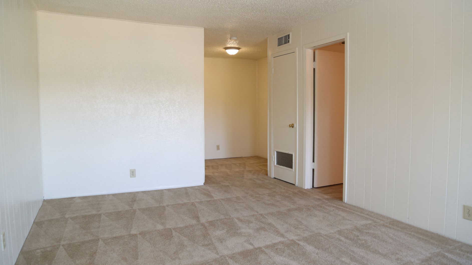 Empty living room with beige carpet, white panel walls, and doorway to adjoining room.