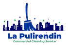 Logo blu con una scopa sullo skyline della città e la scritta