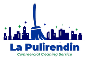 Logo blu con una scopa sullo skyline della città e la scritta