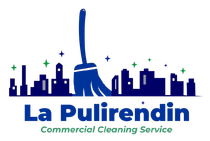 Logo blu con una scopa sullo skyline della città e la scritta