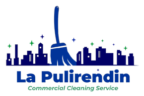 Logo blu con una scopa sullo skyline della città e la scritta