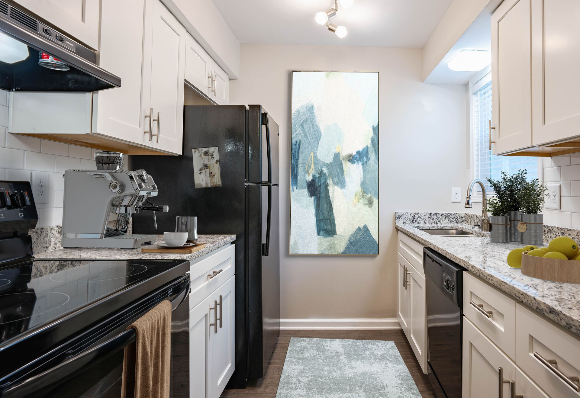Bright kitchen with white cabinets, black appliances, granite counters, and abstract wall art. Grove at six hundred rome georgia 