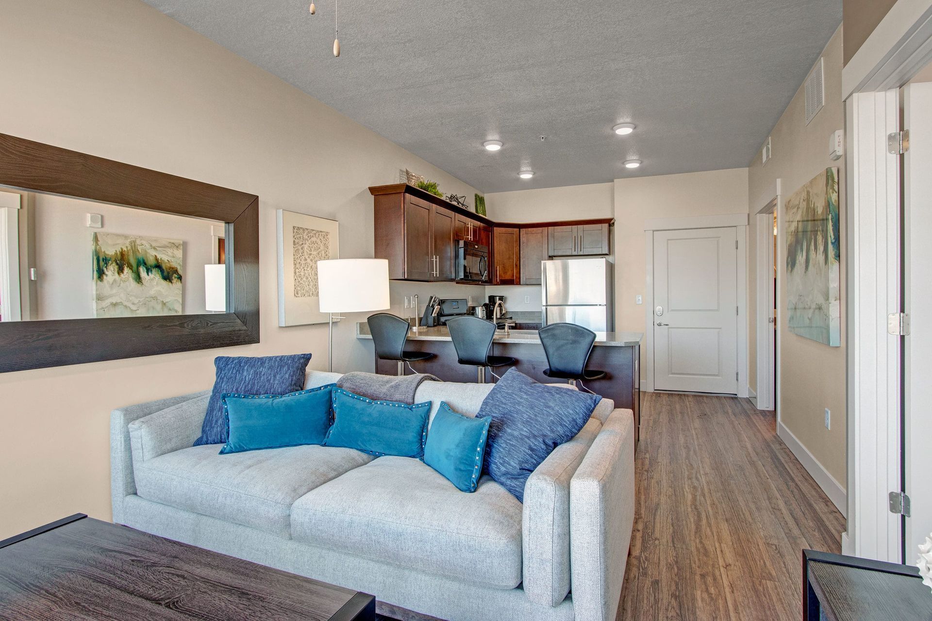 Living room sofa at Velo on the Boulevard in Salt Lake City, UT.