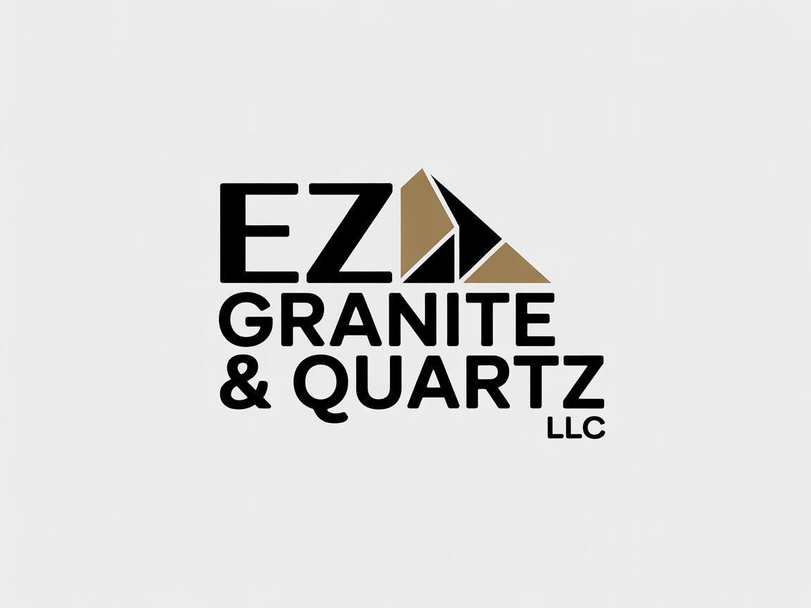 Logo for EZ Granite & Quartz LLC, with text and a stylized mountain graphic in brown and black.