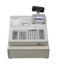A modern cash register on a white background.