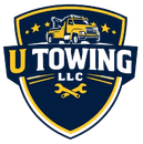Logo for U Towing LLC featuring a yellow tow truck, crossed wrenches, and stars inside a blue and yellow shield emblem.