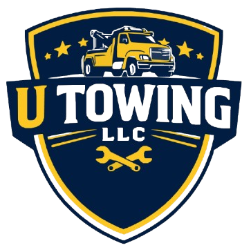 Logo for U Towing LLC featuring a yellow tow truck, crossed wrenches, and stars inside a blue and yellow shield emblem.