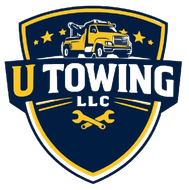 Logo for U Towing LLC featuring a yellow tow truck, crossed wrenches, and stars inside a blue and yellow shield emblem.
