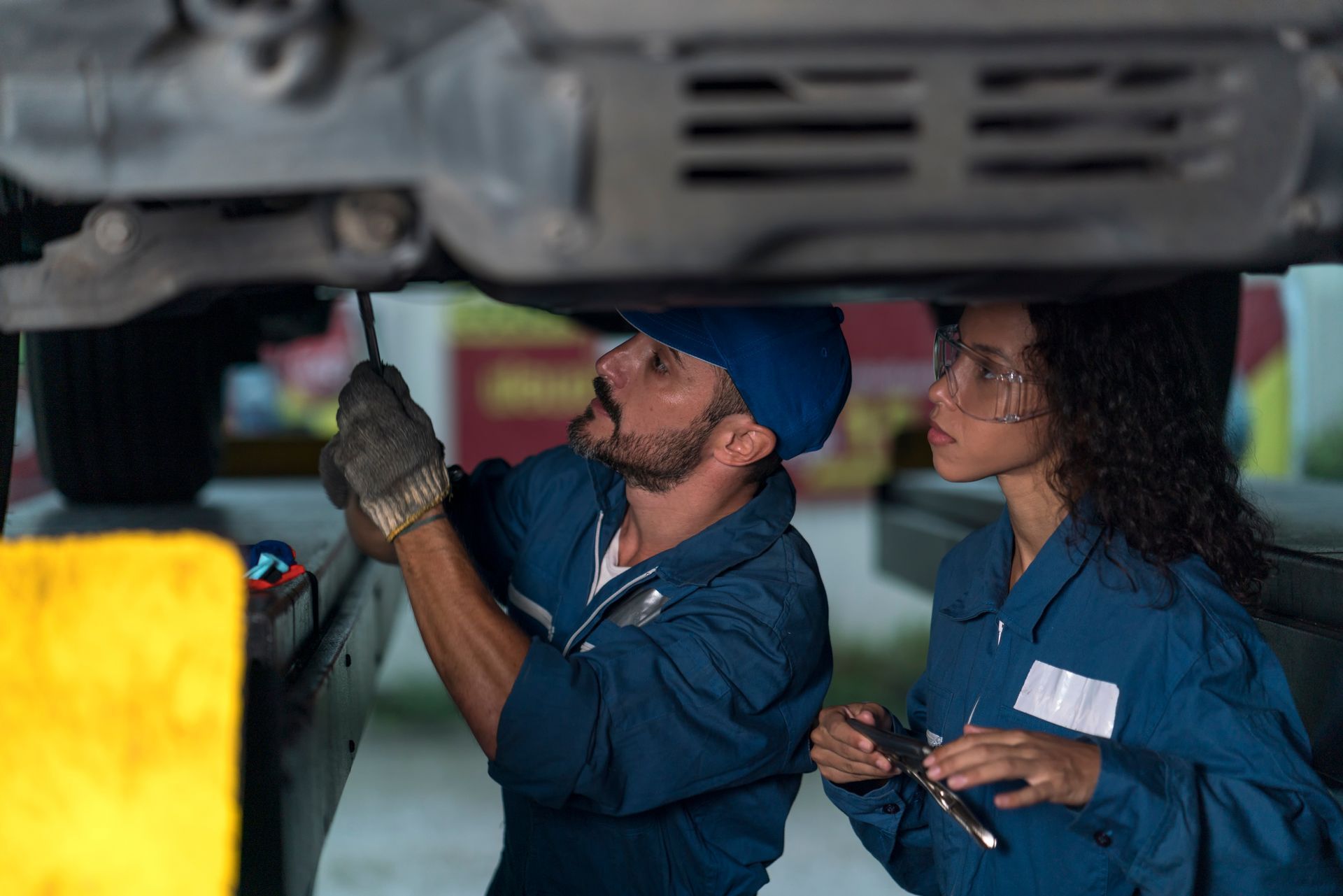 Two auto mechanics working under a car. One is using a wrench, and the other looks on, both wearing blue coveralls.