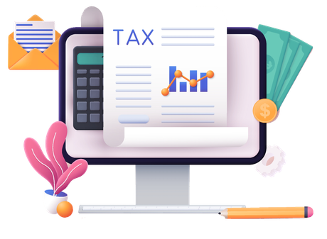 an illustration of a computer with a tax form on it