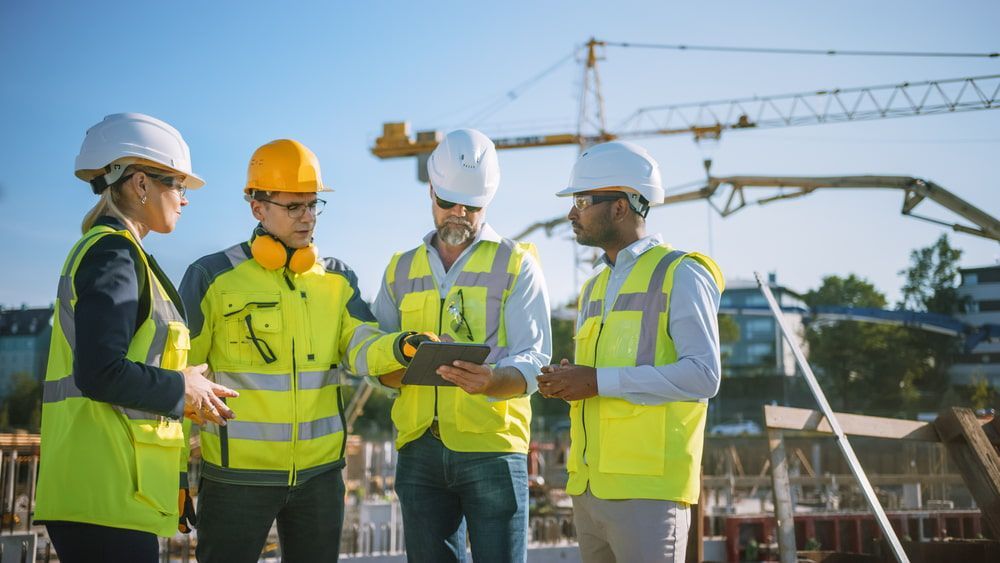 A Group Of Construction Workers Are Standing On A Construction Site Looking At A Tablet — JTM Projects Australia Pty Ltd in Mackay, QLD