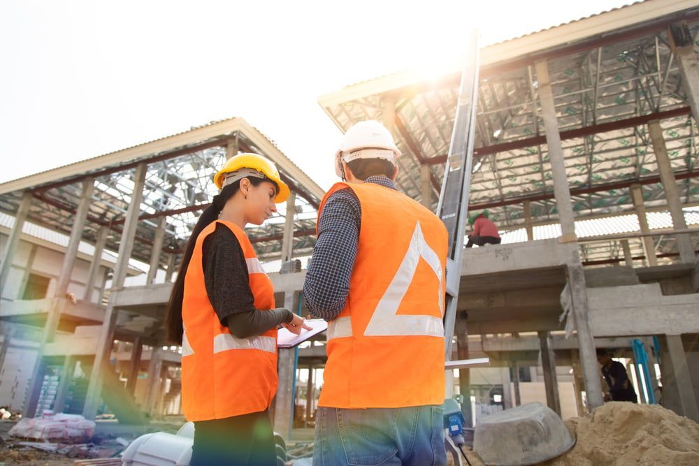 A Man And A Woman Are Standing In Front Of A Building Under Construction — JTM Projects Australia Pty Ltd in Gold Coast, QLD