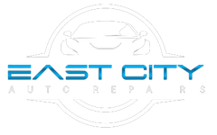 The logo for east city auto repairs is blue and white.
