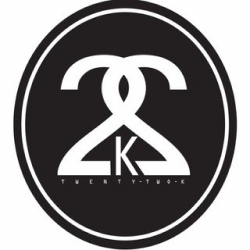 Black and white logo: overlapping 2 and 2, and a K within, all inside a circle; 