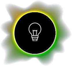 Black circle with a lightbulb icon, outlined in white, with a green and yellow aura.