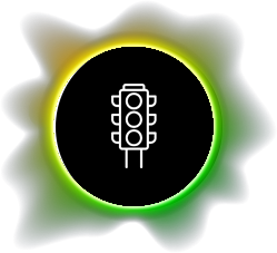 Traffic light icon in a black circle with a green and yellow aura.