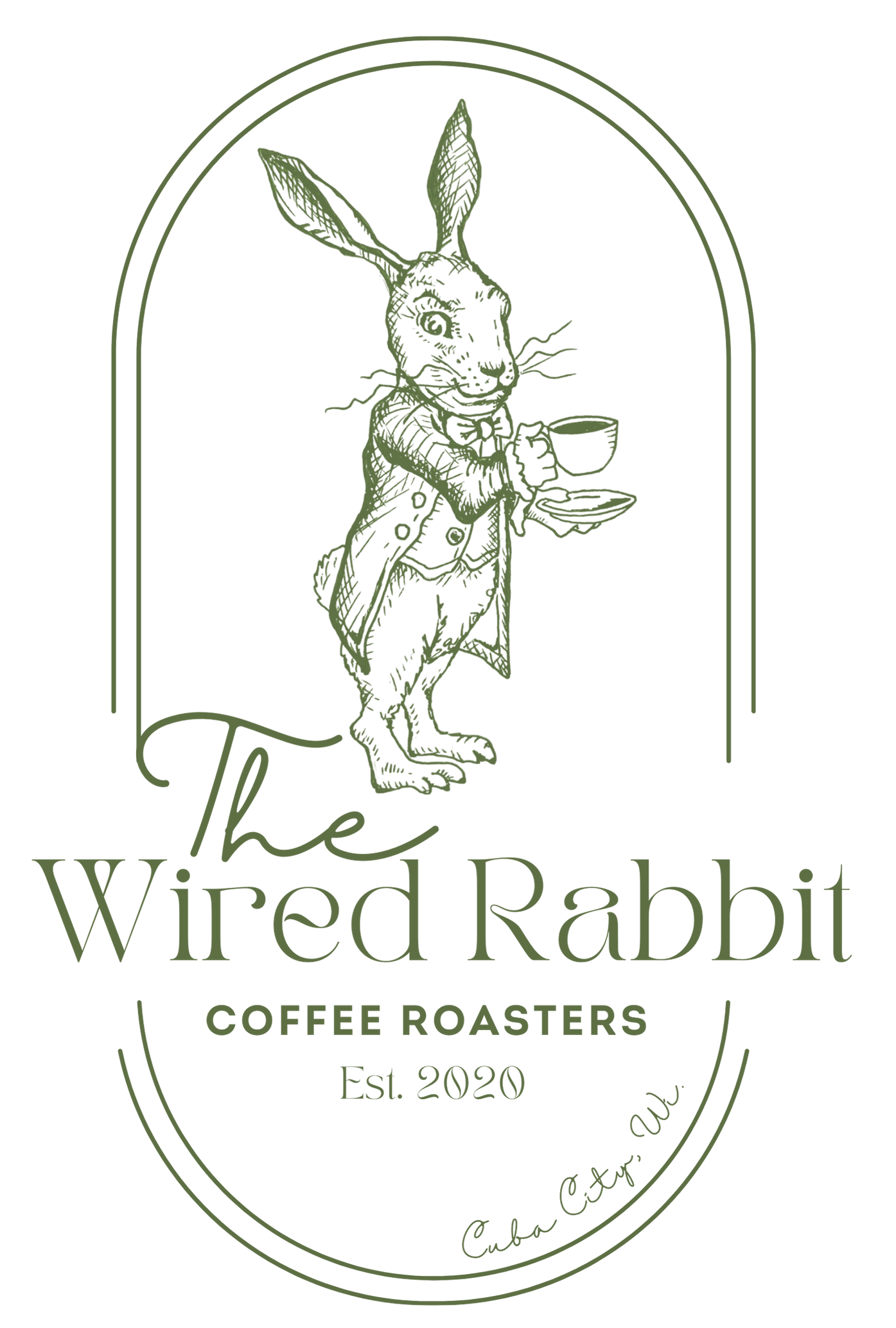 The logo for the wired rabbit coffee roasters shows a rabbit holding a cup of coffee.