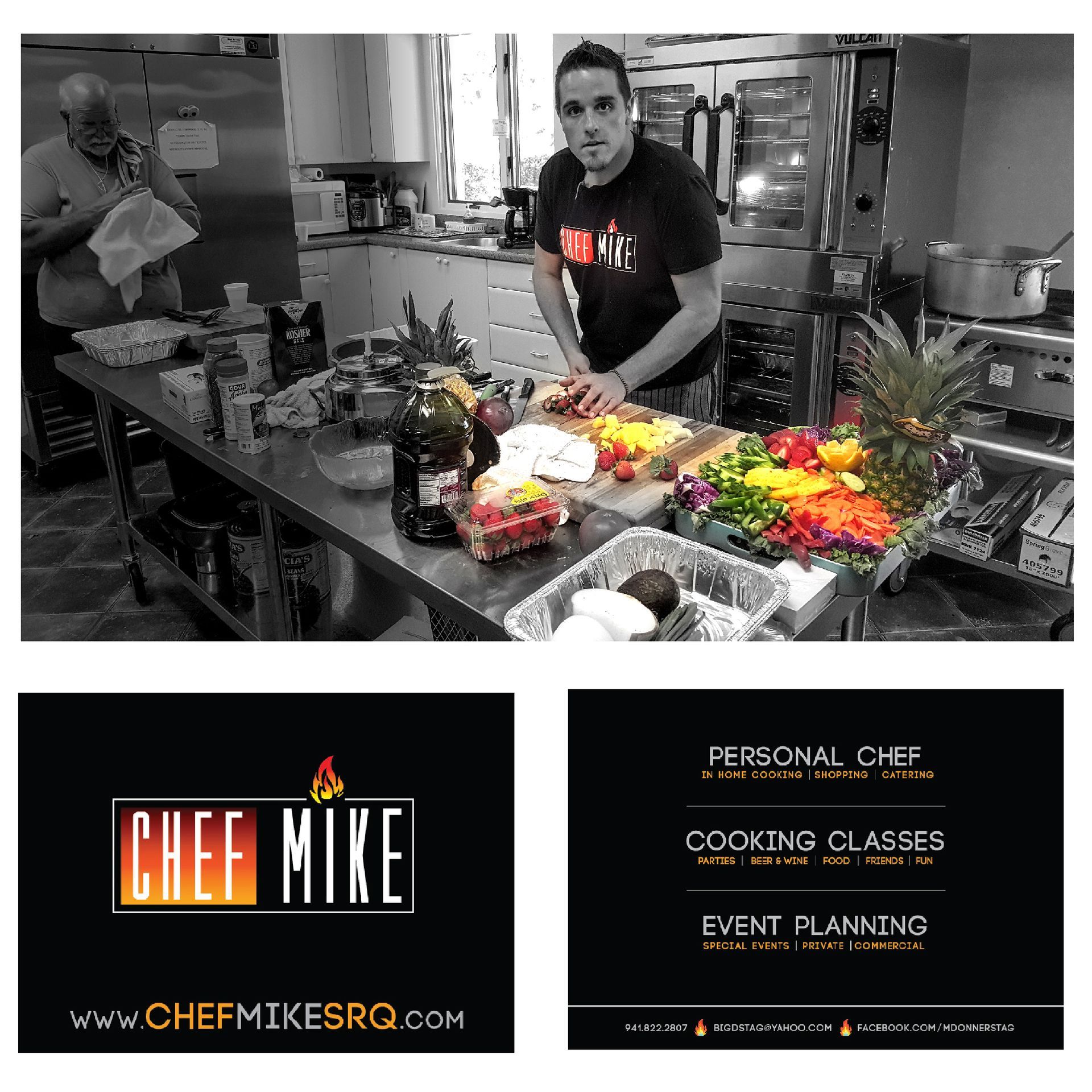 A man is cooking in a kitchen with a business card for chef mike