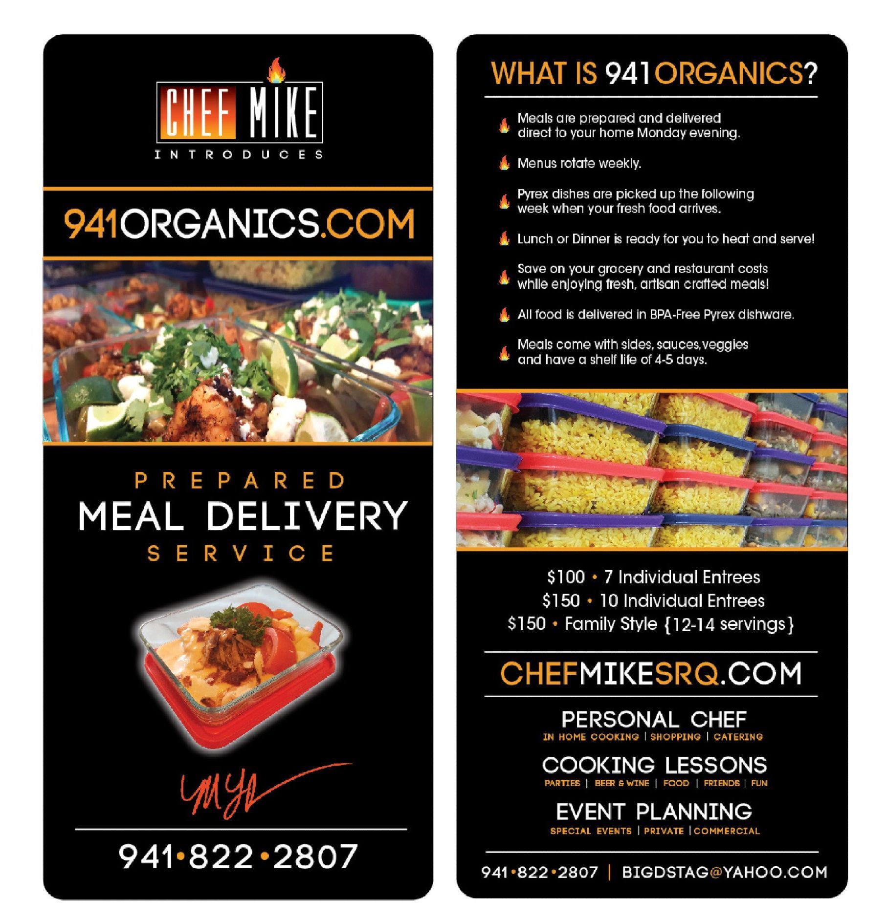 A flyer for chef mike 's meal delivery service