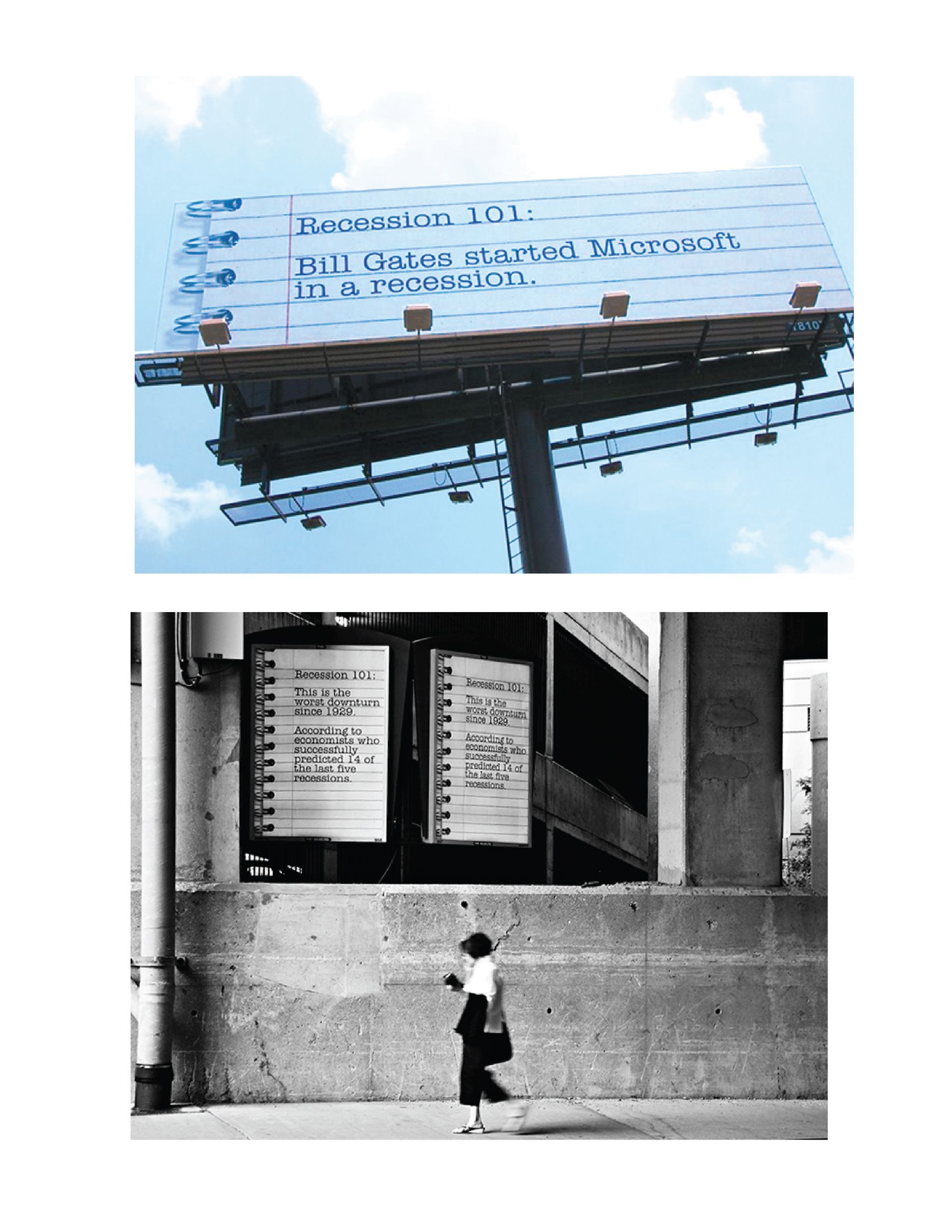 Two pictures of a billboard and a person walking in front of it