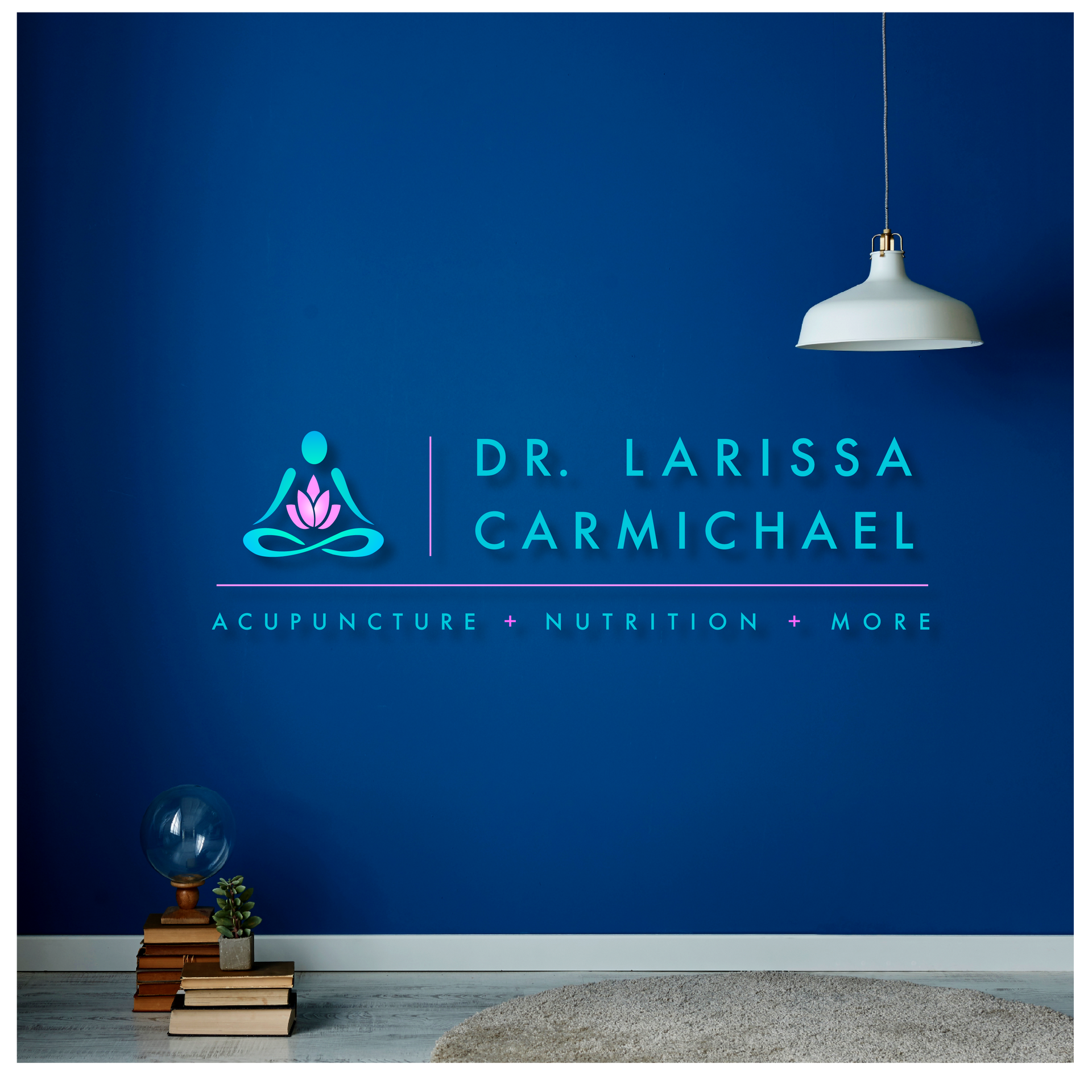 A blue wall with a logo for dr. larissa carmichael