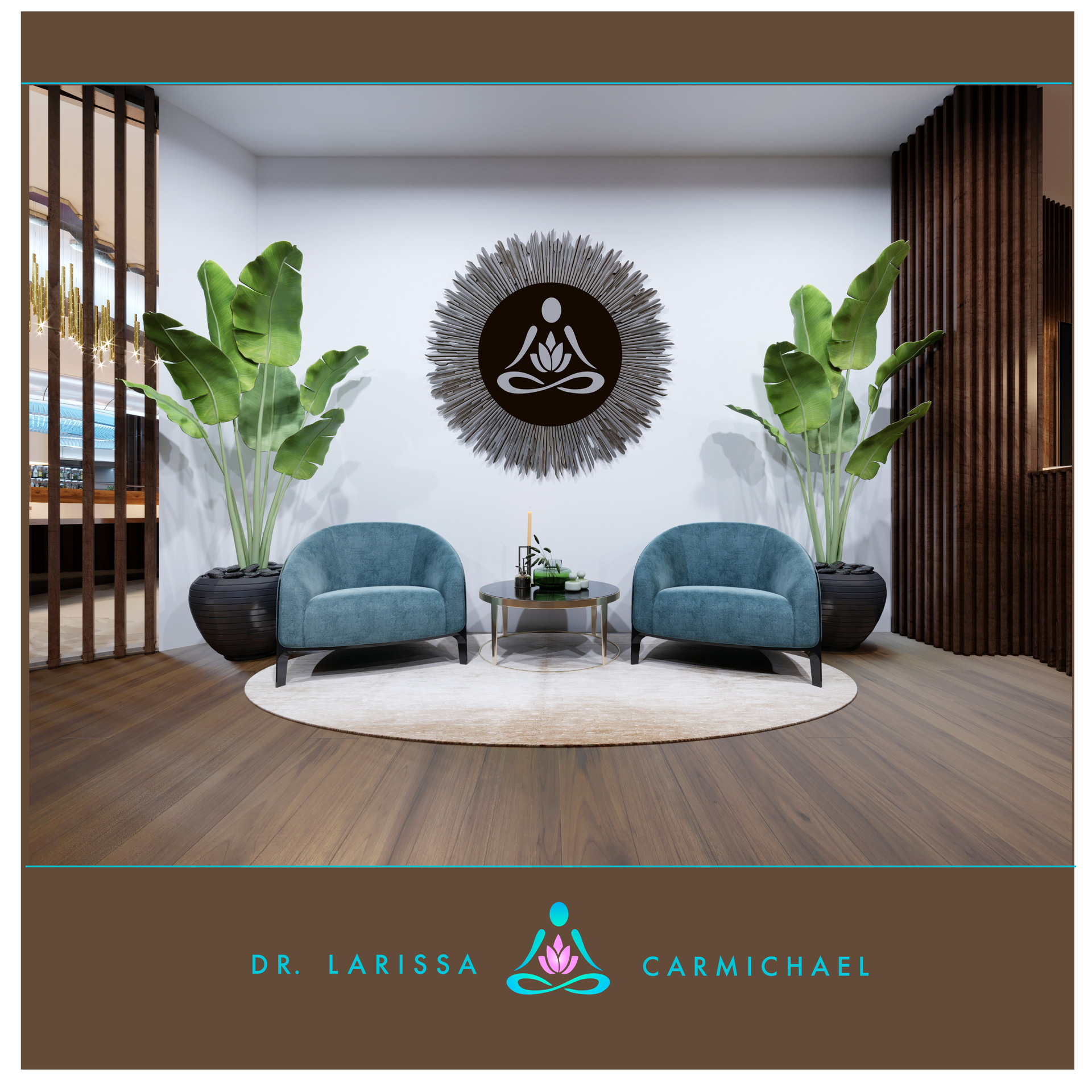 A living room with two blue chairs and two plants