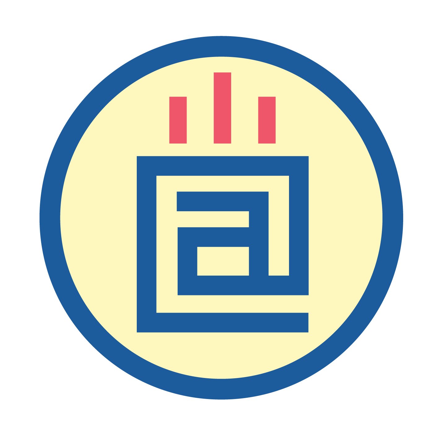 A blue and yellow circle with a chinese symbol inside of it.