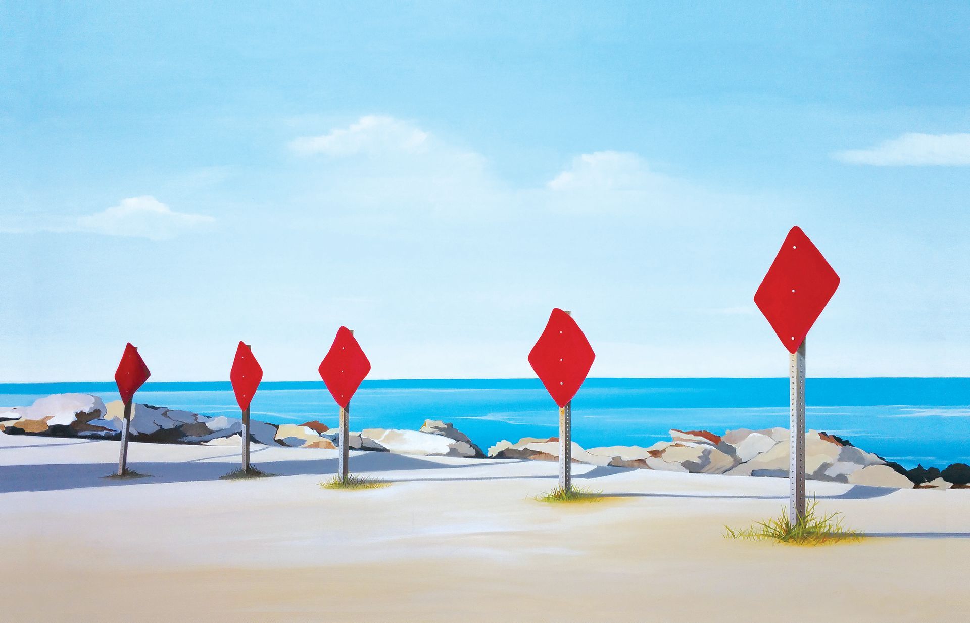 A painting of red signs on a beach with the ocean in the background