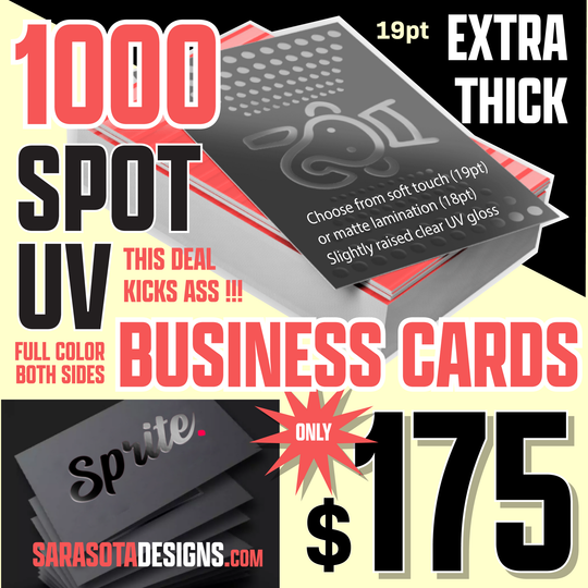 A stack of 1000 spot uv business cards for $ 175